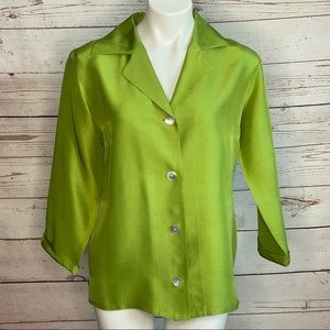 Bloomingdales Green Silk Button Down Blouse Size 8